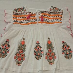 Sfera Embroidered Mexican Top - White with Orange Accents